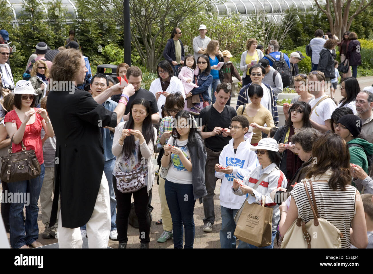 I visitatori a saperne di Origami e Sakura Matsuri, il Cherry Blossom Festival presso il Brooklyn Botanic Garden, Brooklyn, New York. Foto Stock
