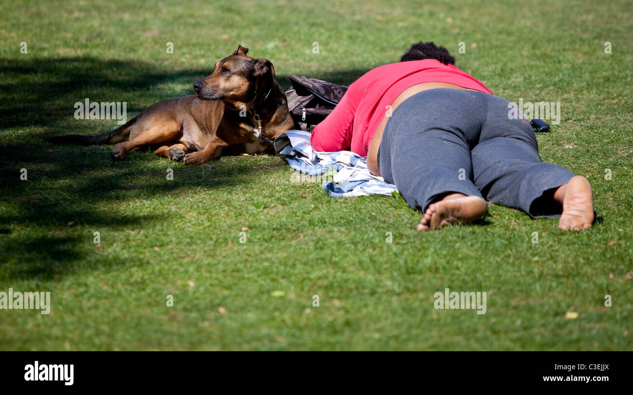 Donna obesa sdraiata sull'erba accanto al suo cane da compagnia vigile, Londra, Inghilterra, Regno Unito. Foto Stock