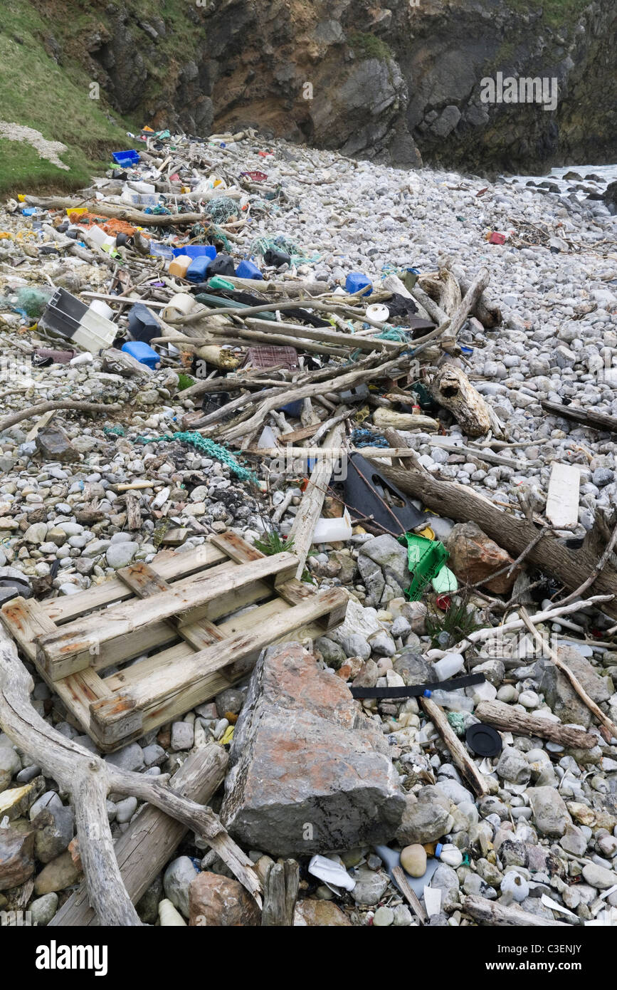 Flotsam e jetsam raccolti ad alta marea Foto Stock