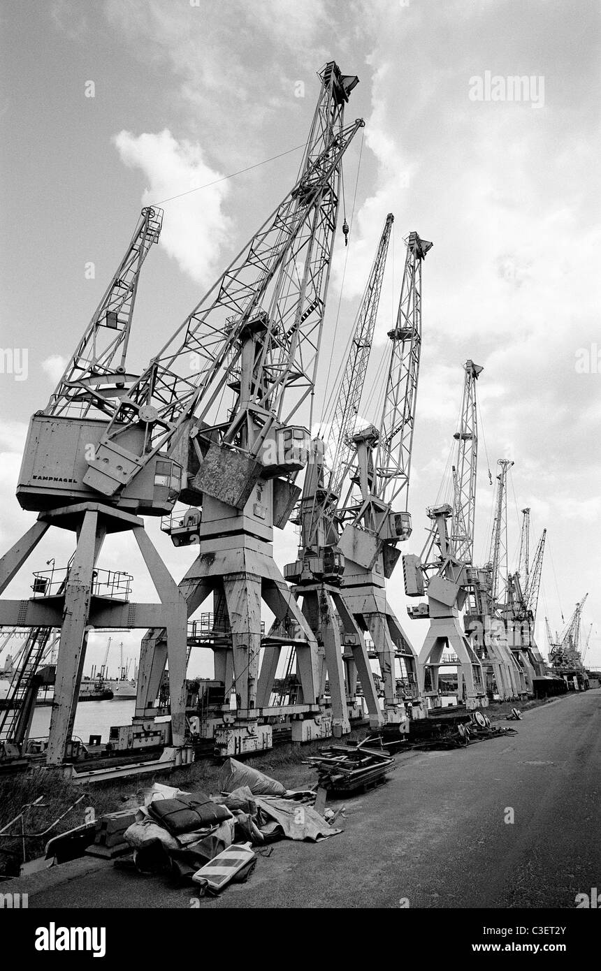 Vecchio Halbportalkräne (Gantry cranes) che utilizzato per stare accanto a Kaispeicher (sull'Dalmannkai) nel porto di Amburgo. Foto Stock