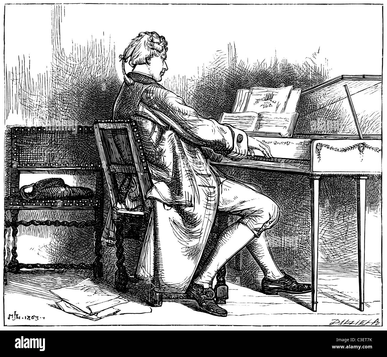 Un uomo nel XVIII secolo abbigliamento alla spinetta (un inizio di pianoforte), da J M Lawless Foto Stock