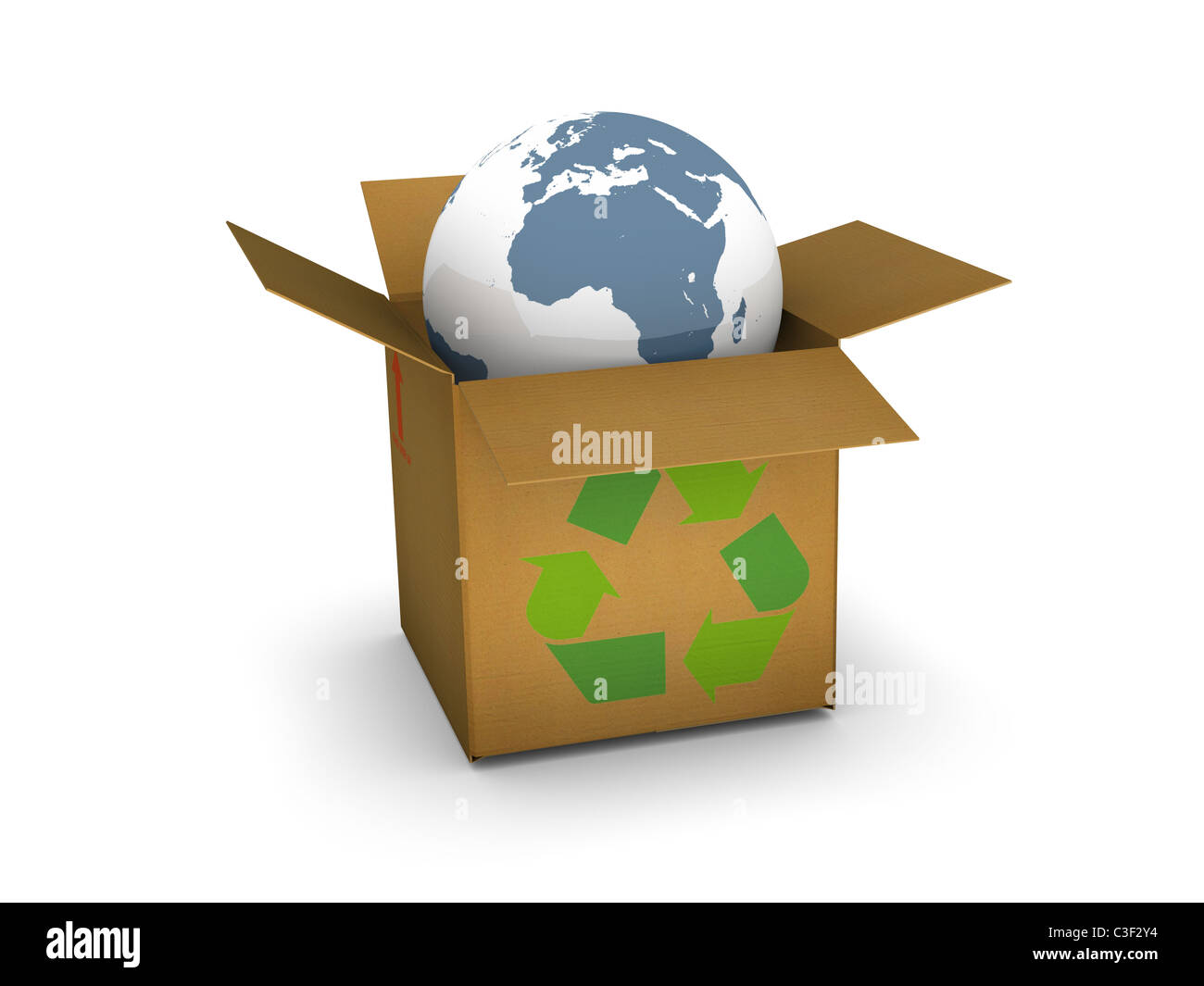 Immagine ad alta risoluzione con una fresca globo terrestre al di fuori della scatola di cartone. Immagine concettuale per la protezione dell'ambiente o il riciclaggio. Foto Stock