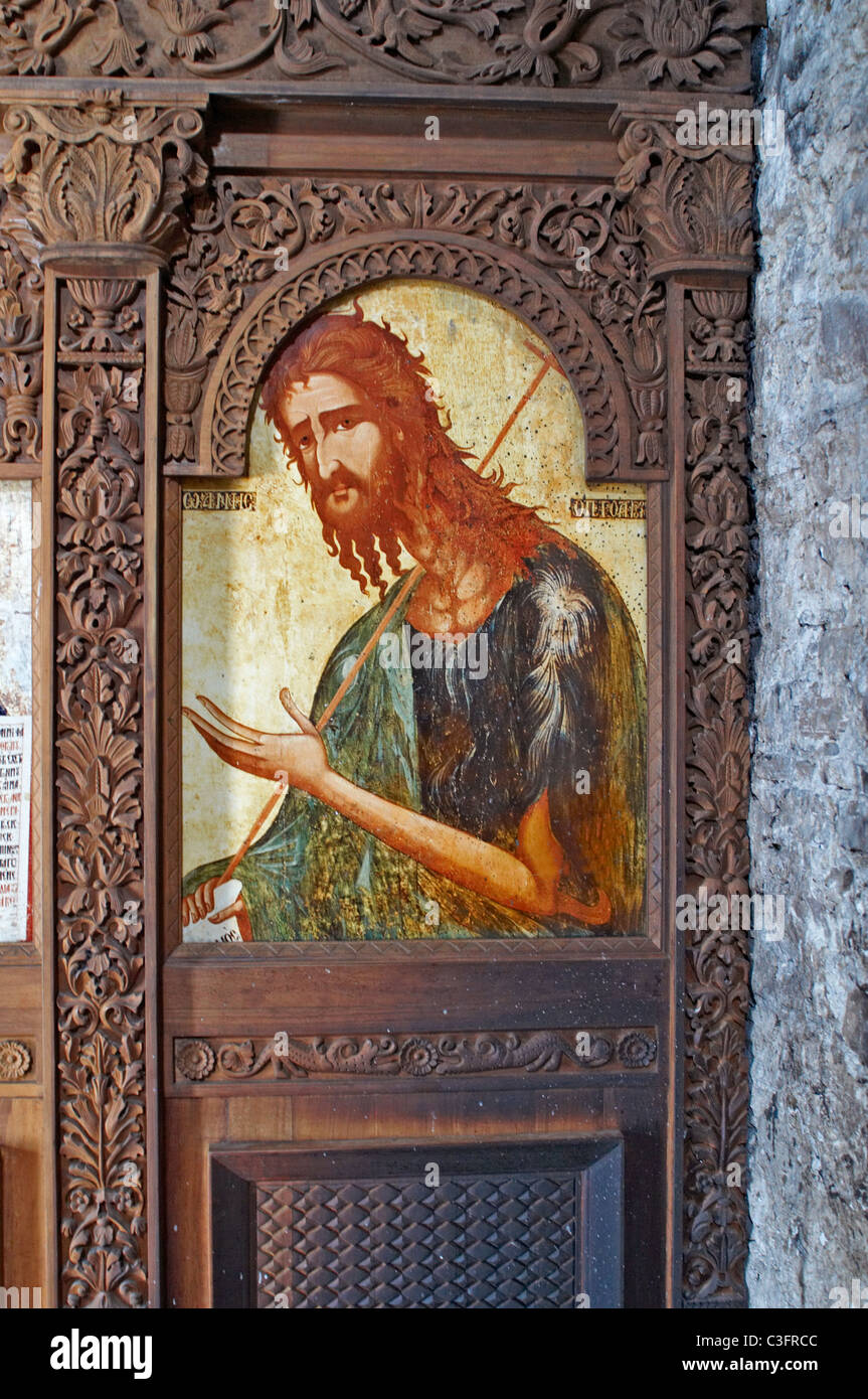 Un'icona nell'incredibile monastero abbandonato di Panagia tou Sinti nella valle Xeros Foto Stock
