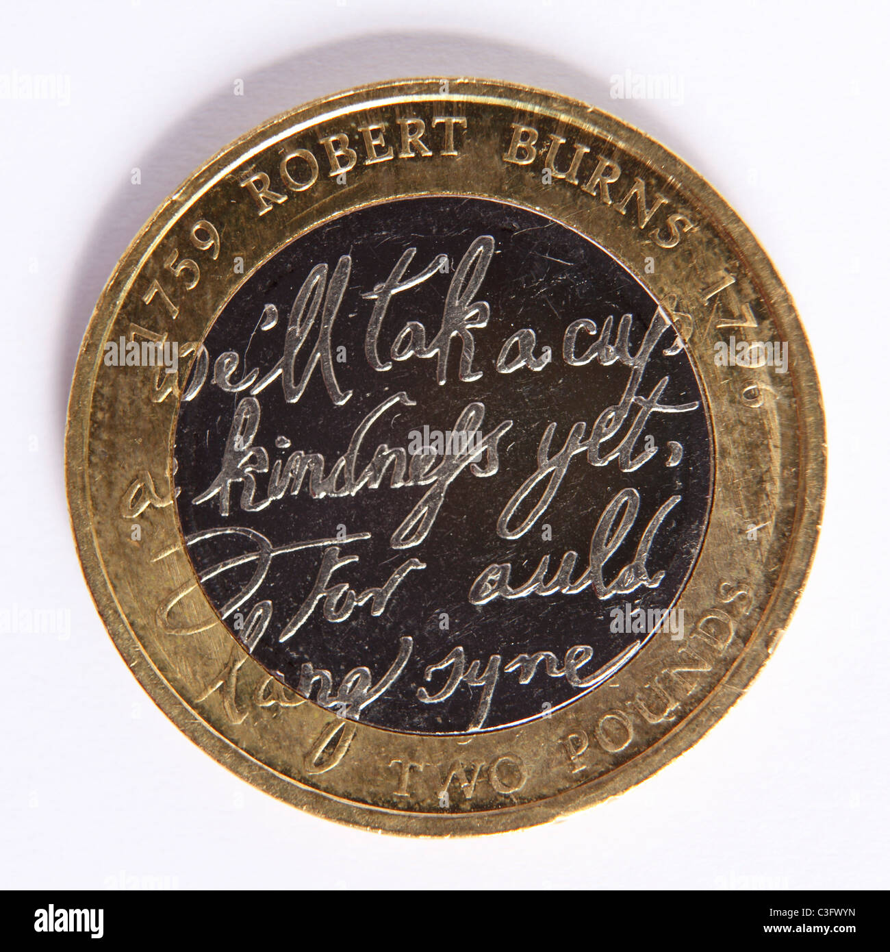 Il contrario di una speciale edizione due pound coin con parole da Auld Lang Syne. Foto Stock