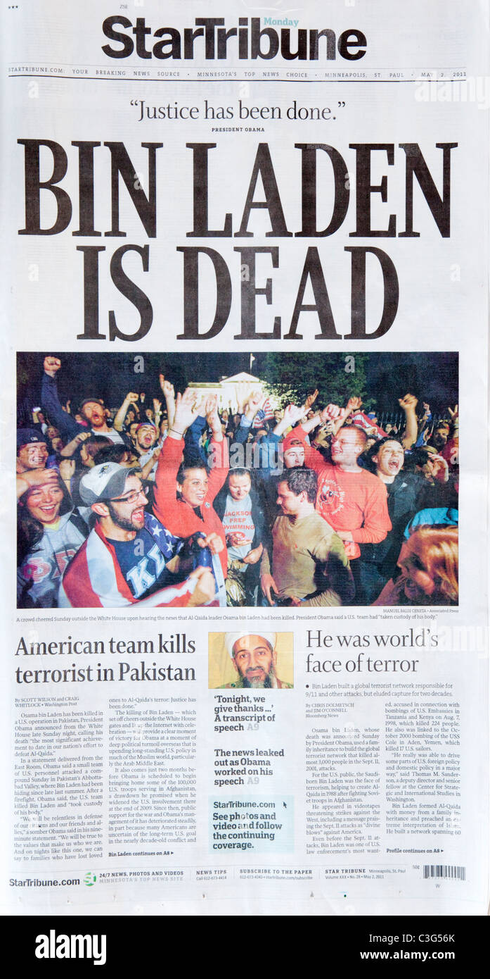 Osama bin Laden è morto headline celebrando il tifo White House front page quotidiano StarTribune. Minneapolis Minnesota MN USA Foto Stock
