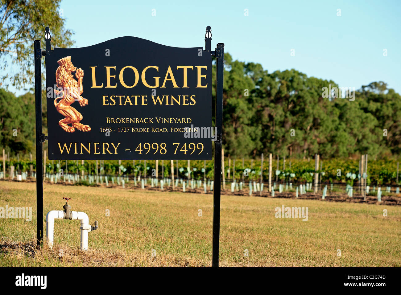 Ingresso segno di Leogate Vini del Podere, Pokolbin, la Hunter Valley, Nuovo Galles del Sud, Australia Foto Stock