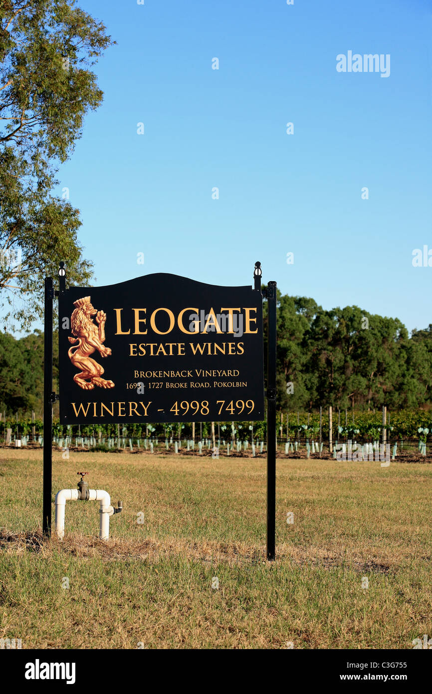 Ingresso segno di Leogate Vini del Podere, Pokolbin, la Hunter Valley, Nuovo Galles del Sud, Australia Foto Stock