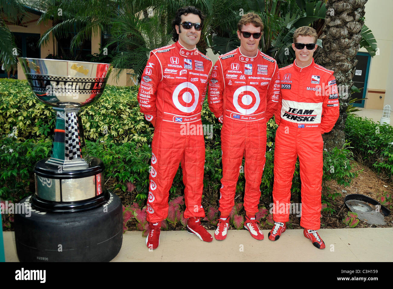 Dario Franchitti, Scott Dixon e Ryan Briscoe Indy Car Racers Photocall tenutosi a Miami Dolphins Training Facility. Davie, Foto Stock