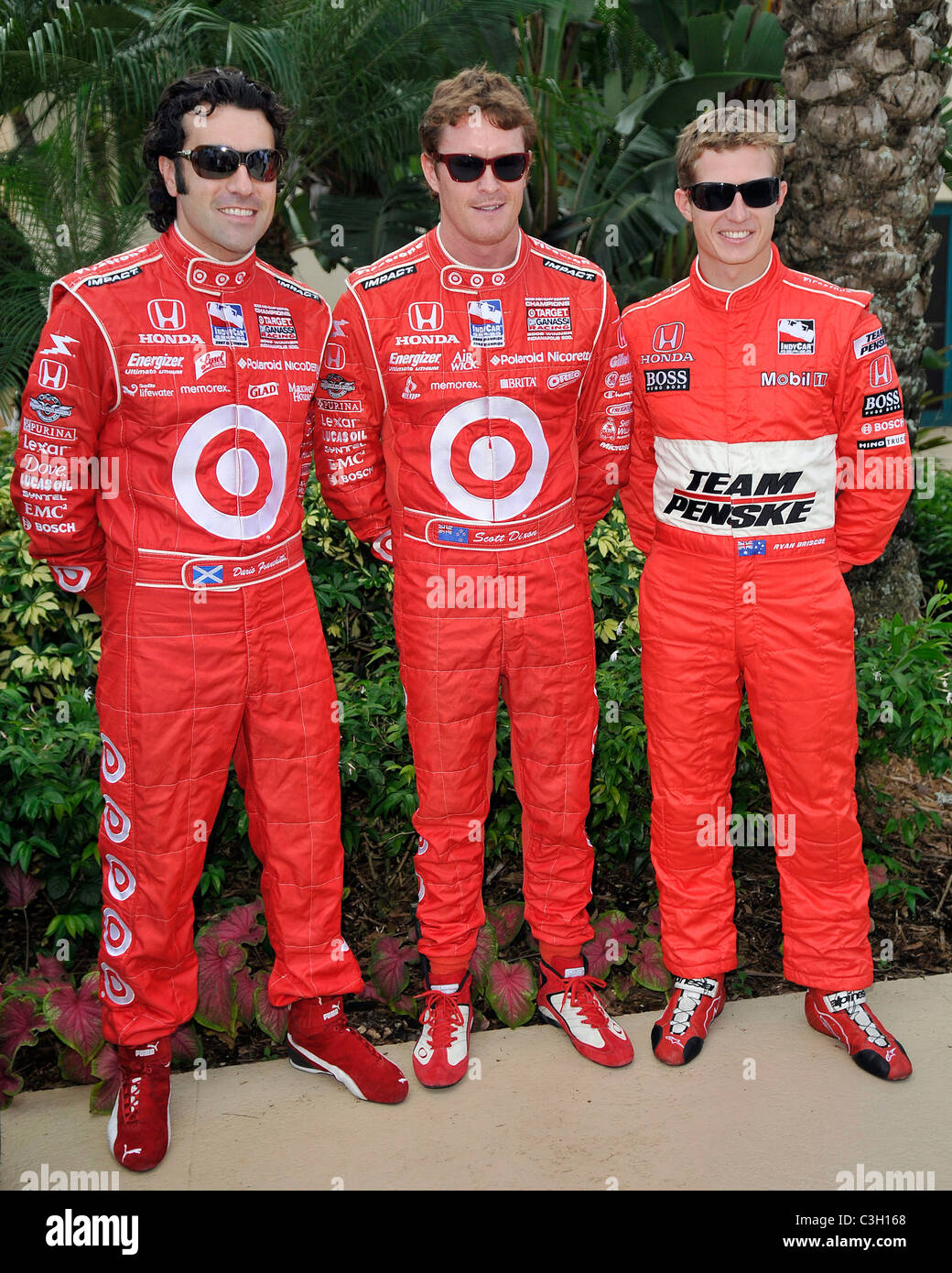 Dario Franchitti, Scott Dixon e Ryan Briscoe Indy Car Racers Photocall tenutosi a Miami Dolphins Training Facility. Davie, Foto Stock