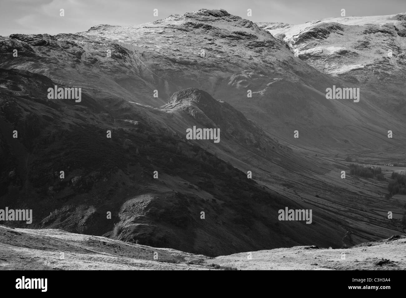 Il luccio O'Blisco e Lingmoor cadde come visto da vicino come argento, vicino a Grasmere, Lake District, Cumbria Foto Stock