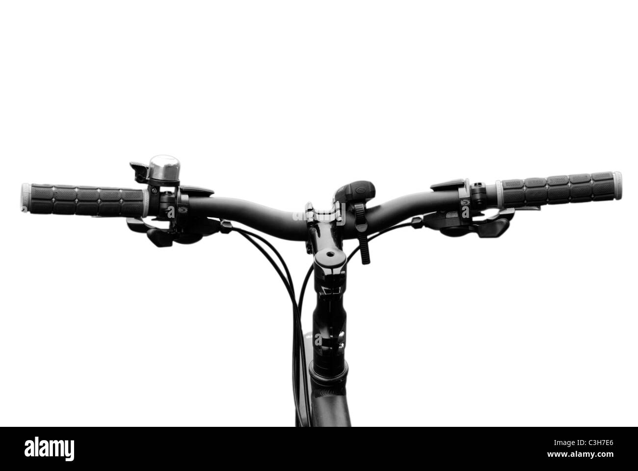 Un manubrio di bicicletta su sfondo bianco Foto Stock