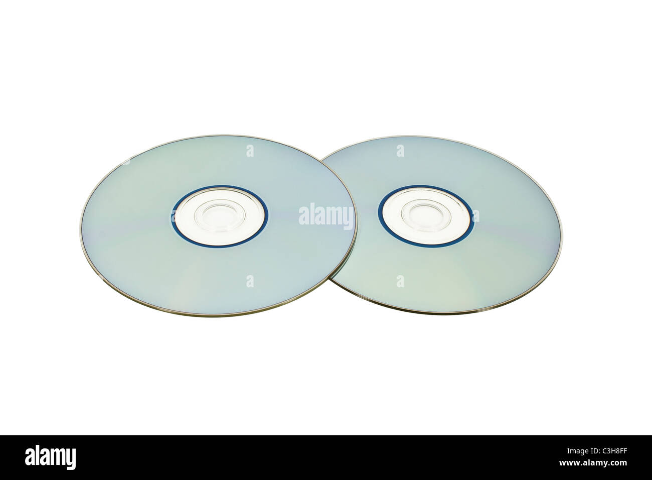 Due dischi ottici disposti di piatto affiancati isolato su bianco Foto Stock