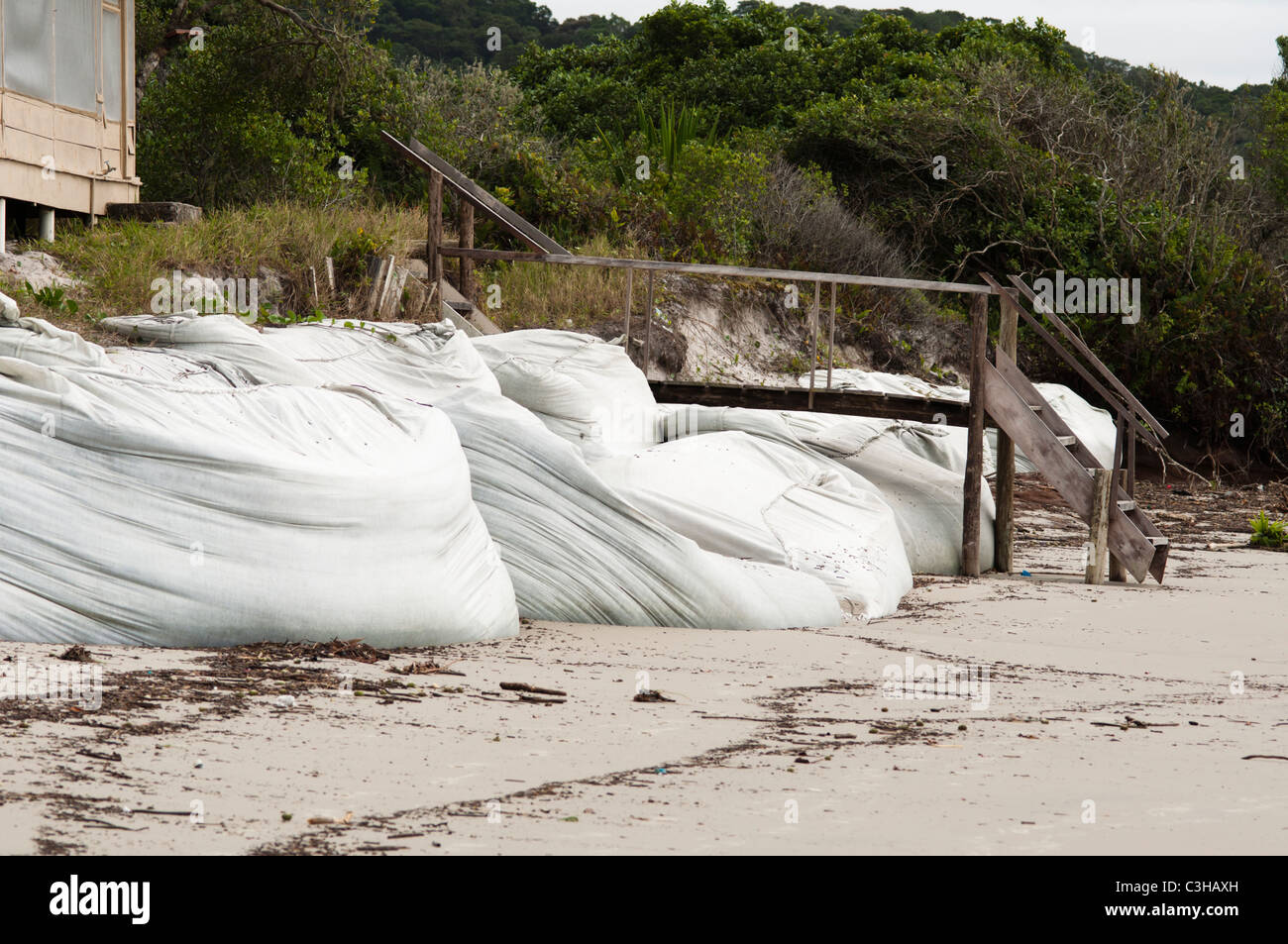 Barriera di sacchetti di sabbia cercando di smettere di livello del mare aumentando in Ilha do Mel, Paraná, Brasile. Foto Stock
