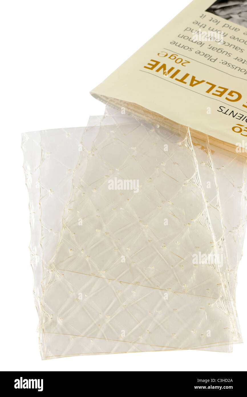 20 grammo pacchetto di ingredienti Tesco la gelatina in fogli Foto Stock