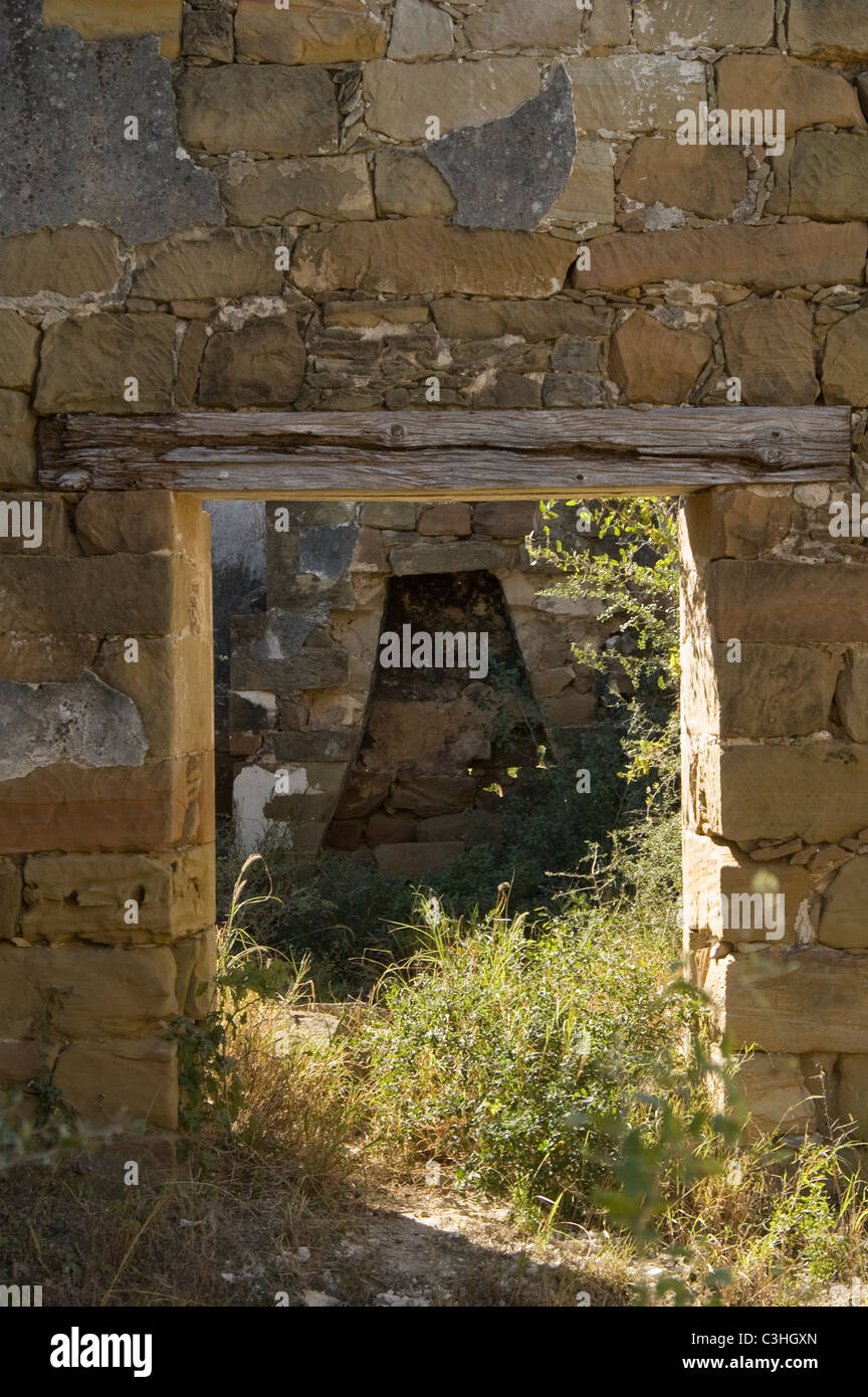 Resti di un edificio di pietra arenaria in Guerrero Viejo, Tamaulipas, Messico. I dettagli includono il fascio architrave sopra una porta e camino Foto Stock