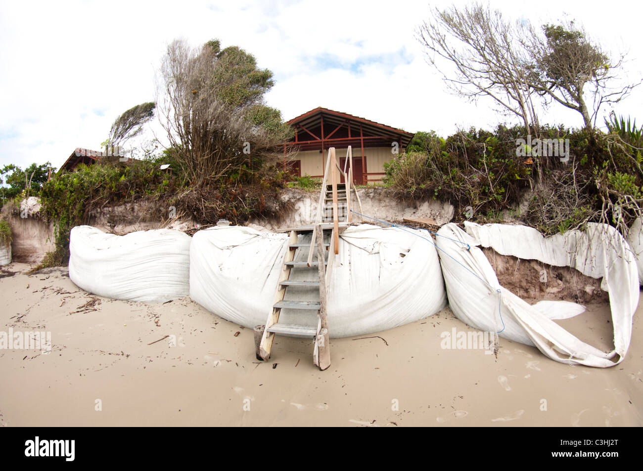 Barriera di sacchetti di sabbia cercando di smettere di livello del mare aumentando in Ilha do Mel, Paraná, Brasile. Foto Stock