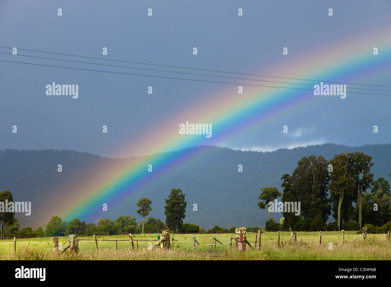 Rainbow, paesaggio rurale, Fox Glacier, West Coast, Nuova Zelanda Foto Stock