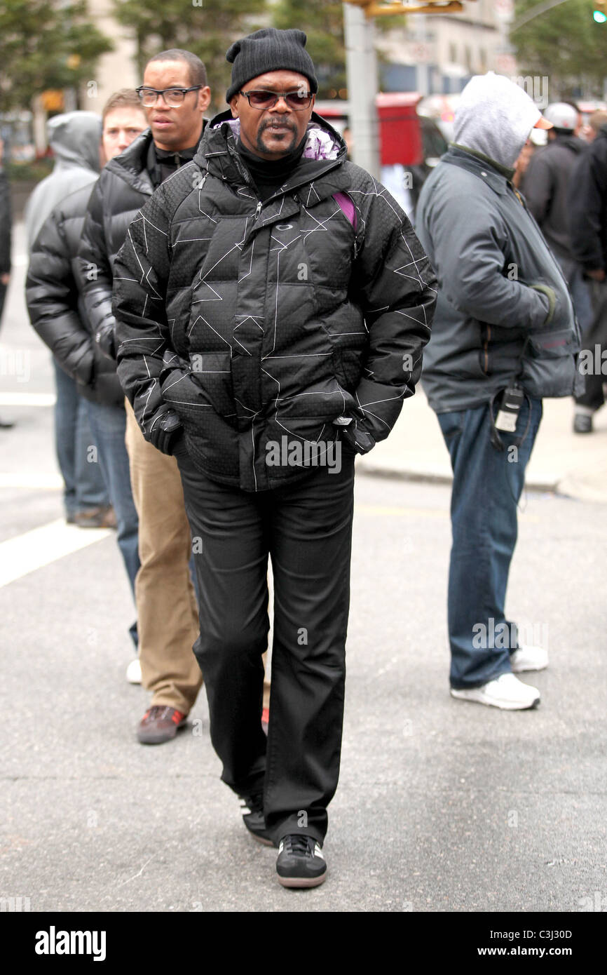 Samuel L. Jackson celebrità sul set del nuovo film "gli altri ragazzi' riprese su posizione in Manhattan New York City, Stati Uniti d'America Foto Stock