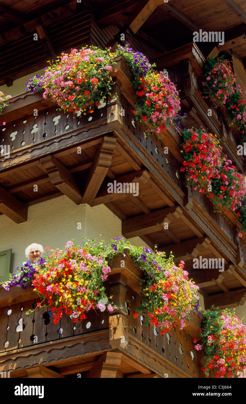 Magnifico balcone fiori in Moena Foto Stock