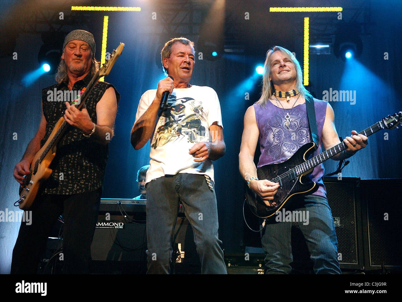 Roger Glover, Ian Gillan e Steve Morse del British rockband Deep Purple eseguire sul palco di Heineken Music Hall e Amsterdam Foto Stock