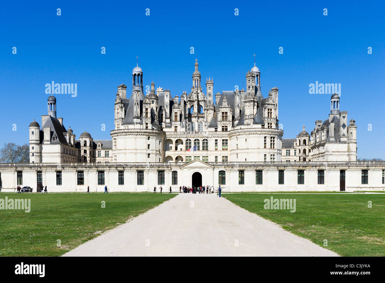 Il sud est facciata del Chateau de Chambord, Valle della Loira, Touraine, Francia Foto Stock