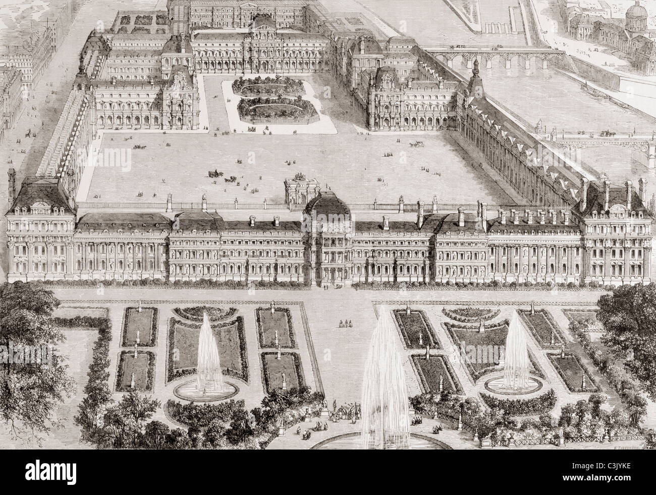 Vista dei nuovi giardini del palazzo delle Tuileries e il nuovo e il vecchio Louvre, Parigi, Francia, nel XIX secolo. Foto Stock