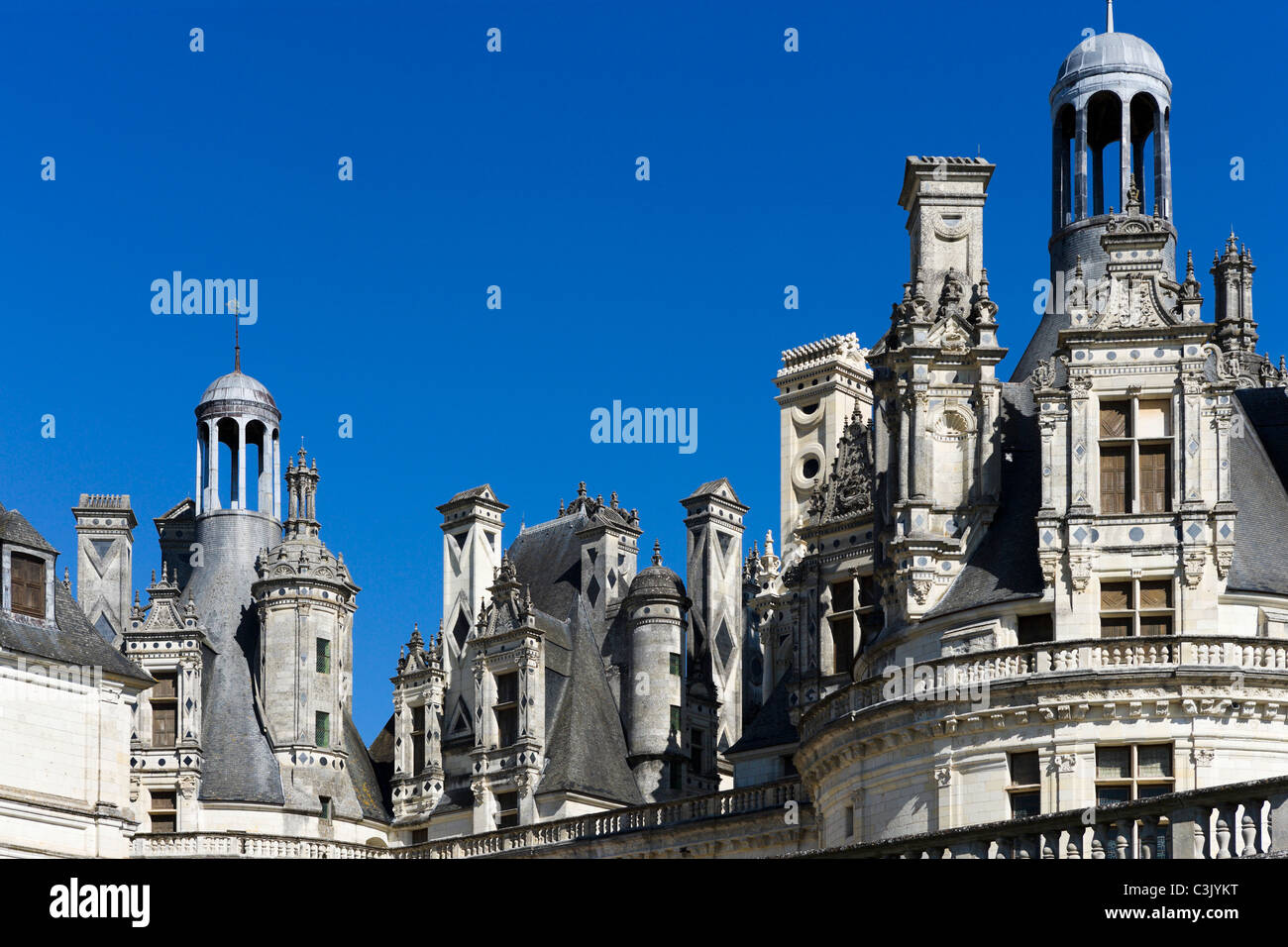 Più camini sul tetto del Chateau de Chambord, Valle della Loira, Touraine, Francia Foto Stock