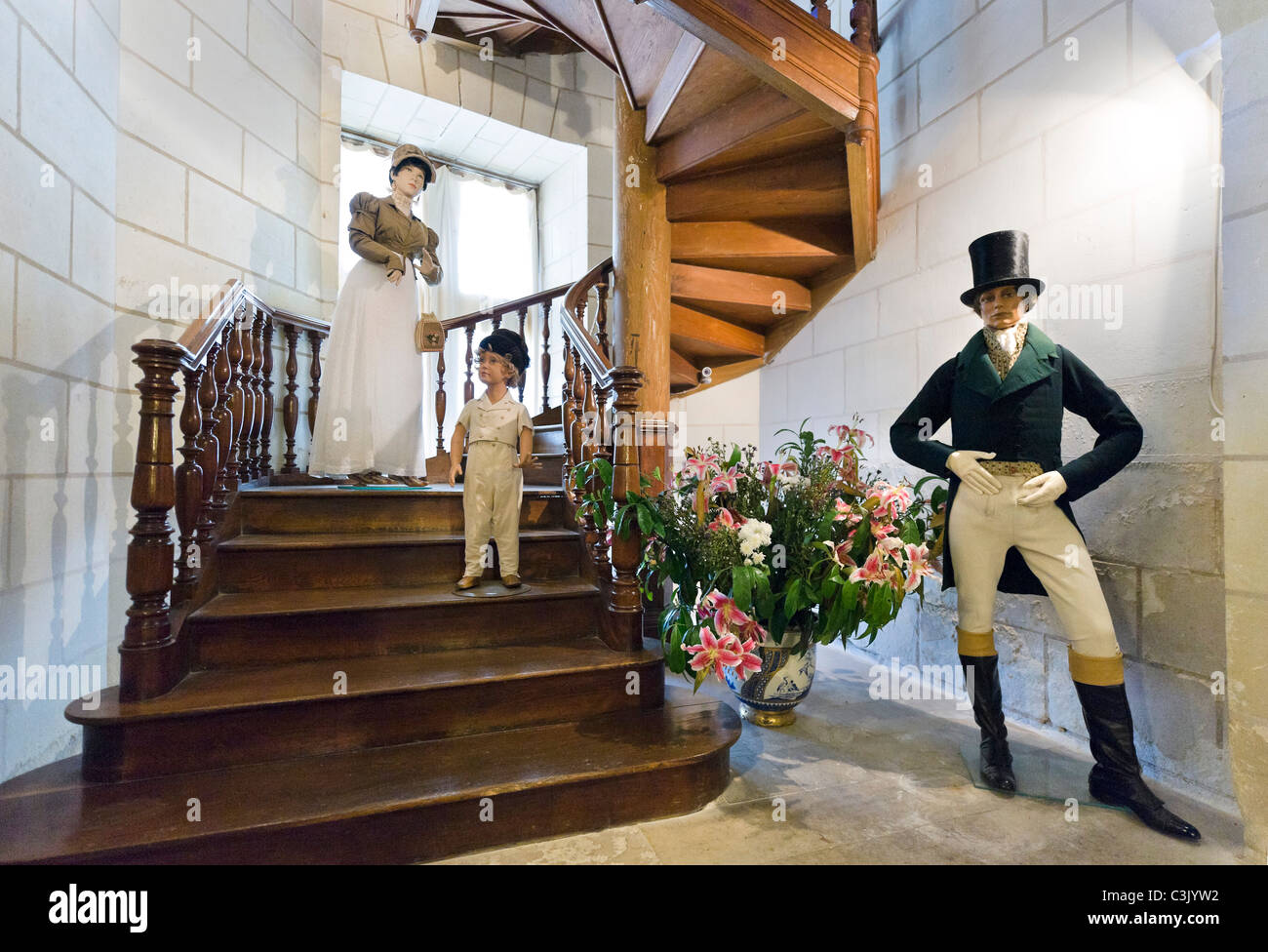 Waxwork tableau nella hall di ingresso per il Château d'Ussé, Loire e Valle Indre, Touraine, Francia Foto Stock