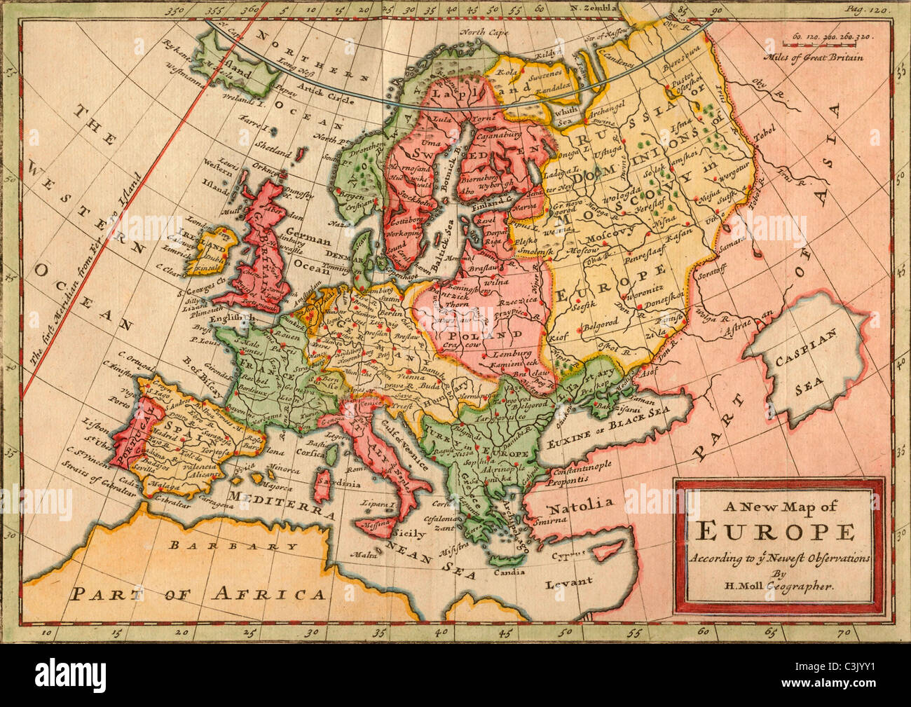 Una nuova mappa di Europa secondo le più recenti osservazioni da H. Moll geografo. Mappa europea datato circa 1720 da Herman Moll. Foto Stock