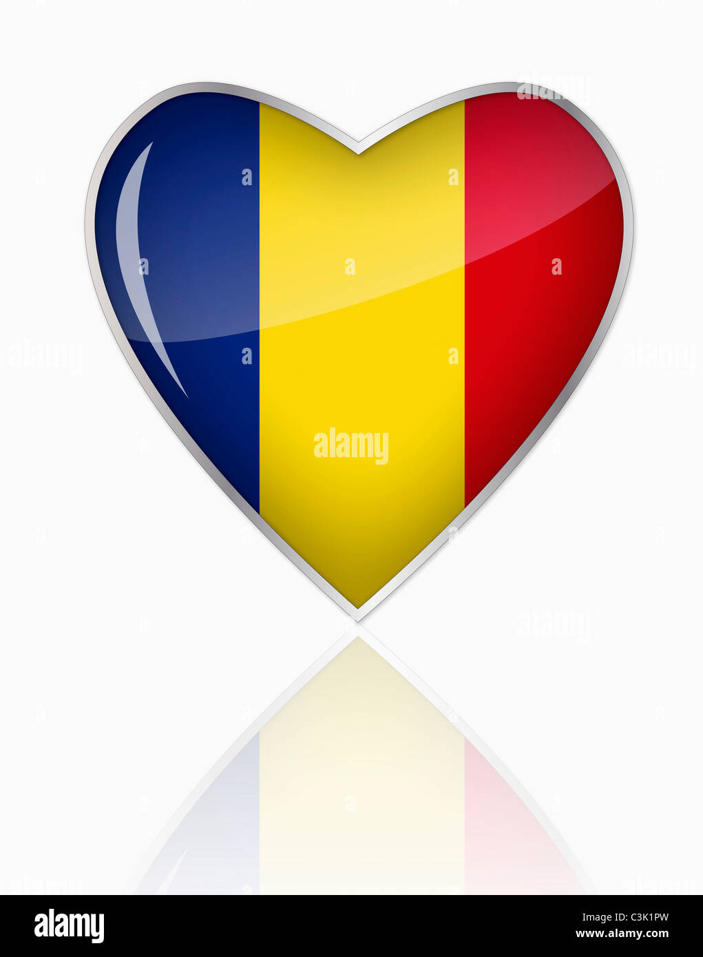 Bandiera rumena in forma di cuore su sfondo bianco Foto Stock