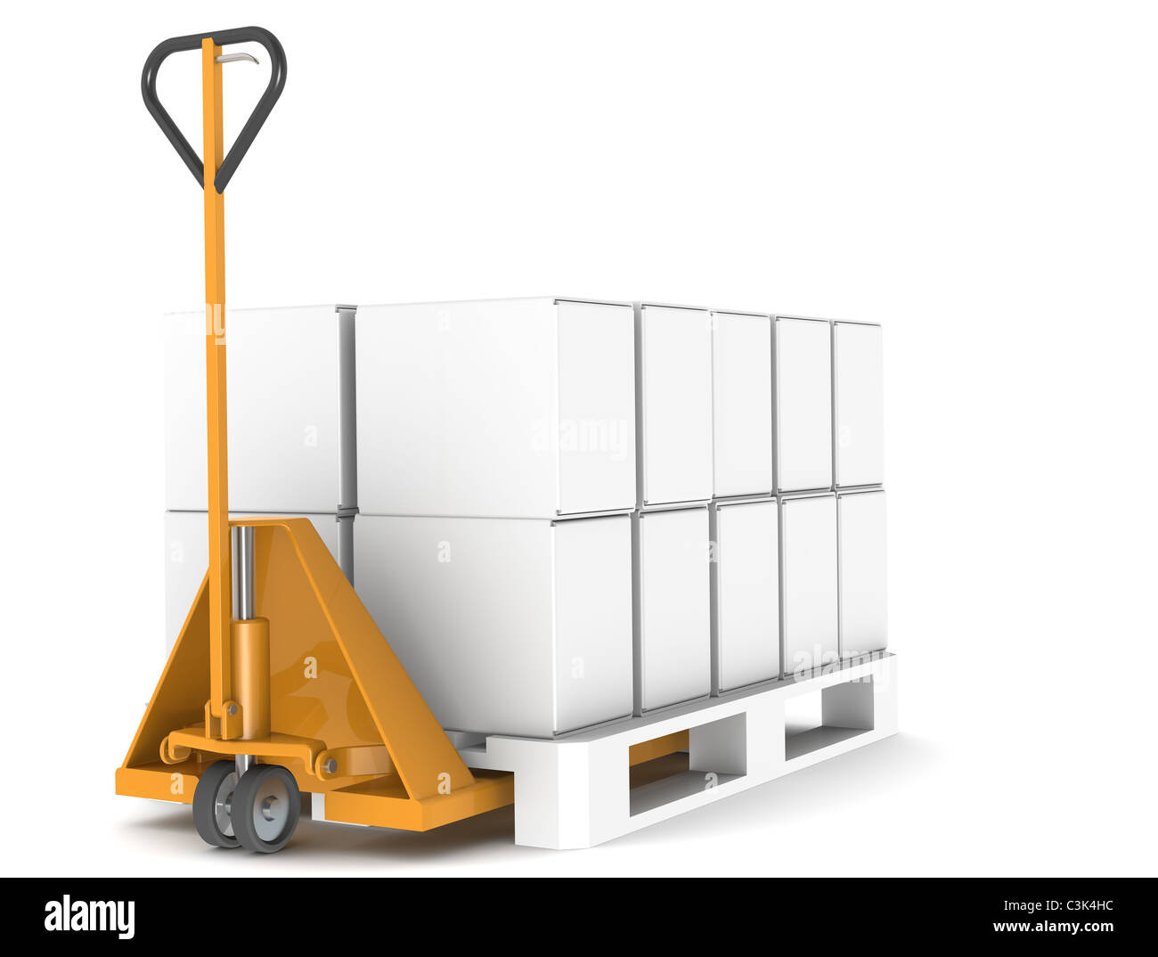 Carrello a comando manuale e pallet. Carrello a comando manuale e pallet, isolato su bianco. Parte della serie di magazzino Foto Stock