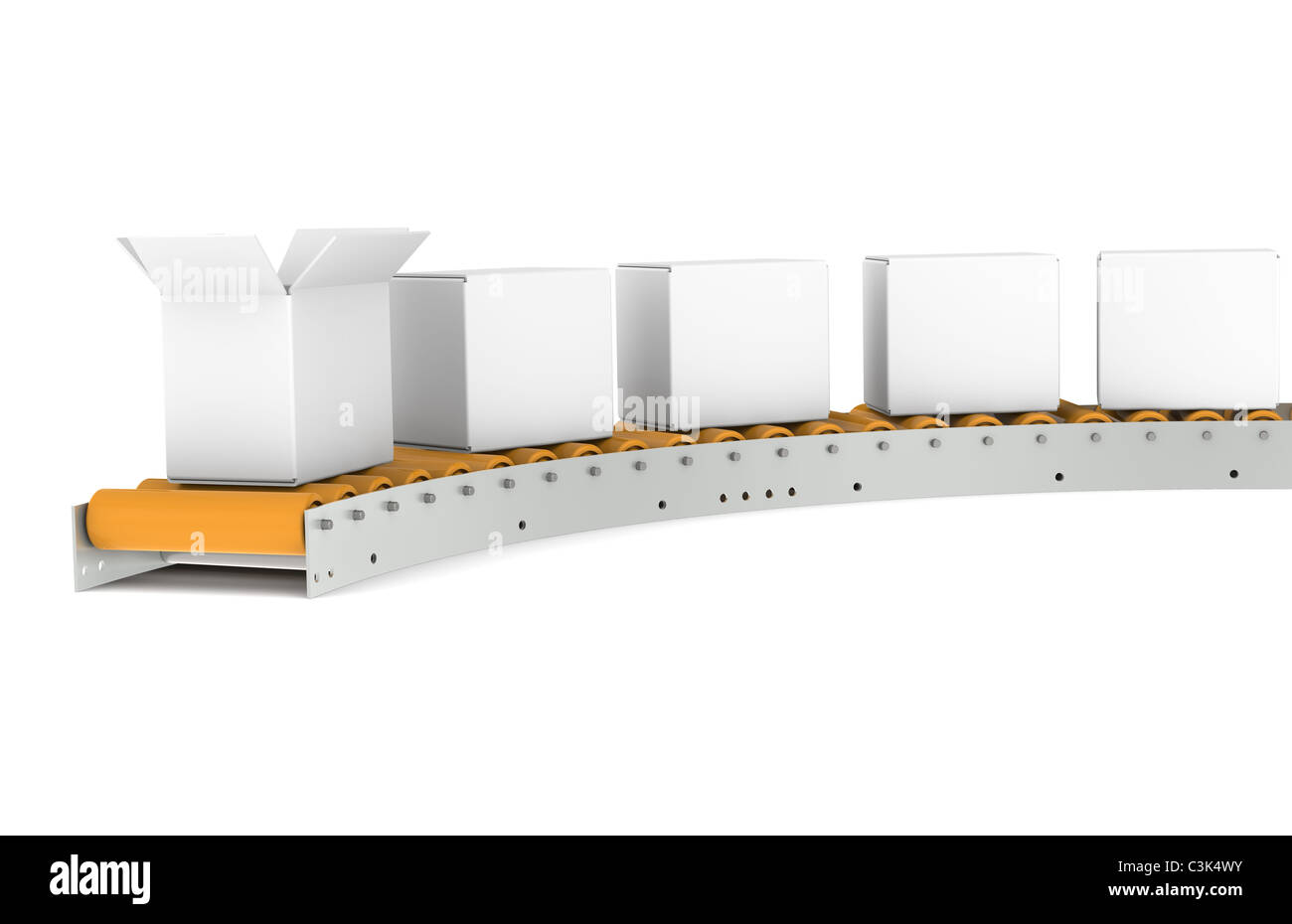 Nastro trasportatore. Nastro trasportatore, una scatola aperta Foto Stock