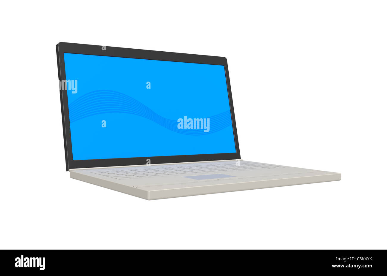 Laptop. Computer portatile isolato su bianco con retro blu schermo acceso. Foto Stock