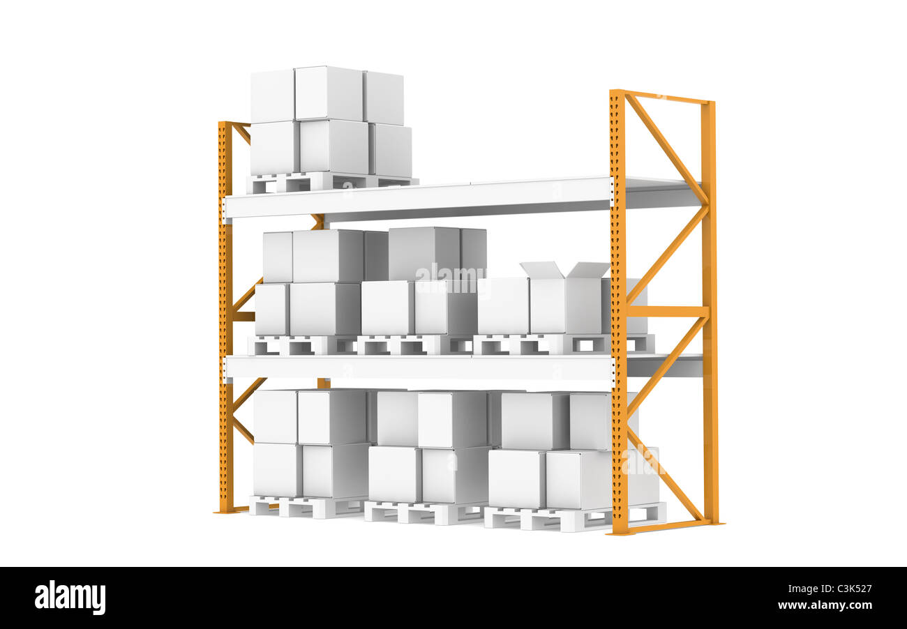 Ripiani del magazzino. Rack pallet, mezza piena. Isolato su bianco. Parte della serie di magazzino. Foto Stock