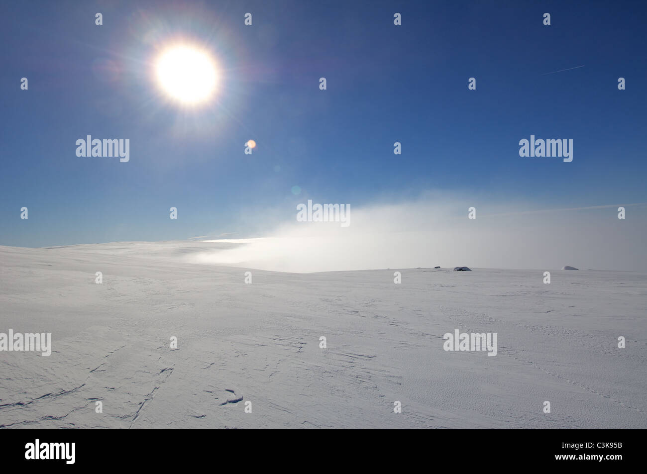 La nebbia arriva fino in neve Foto Stock