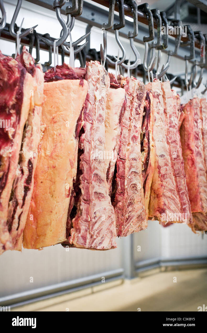 Carne appesi in negozio di macellaio Foto Stock