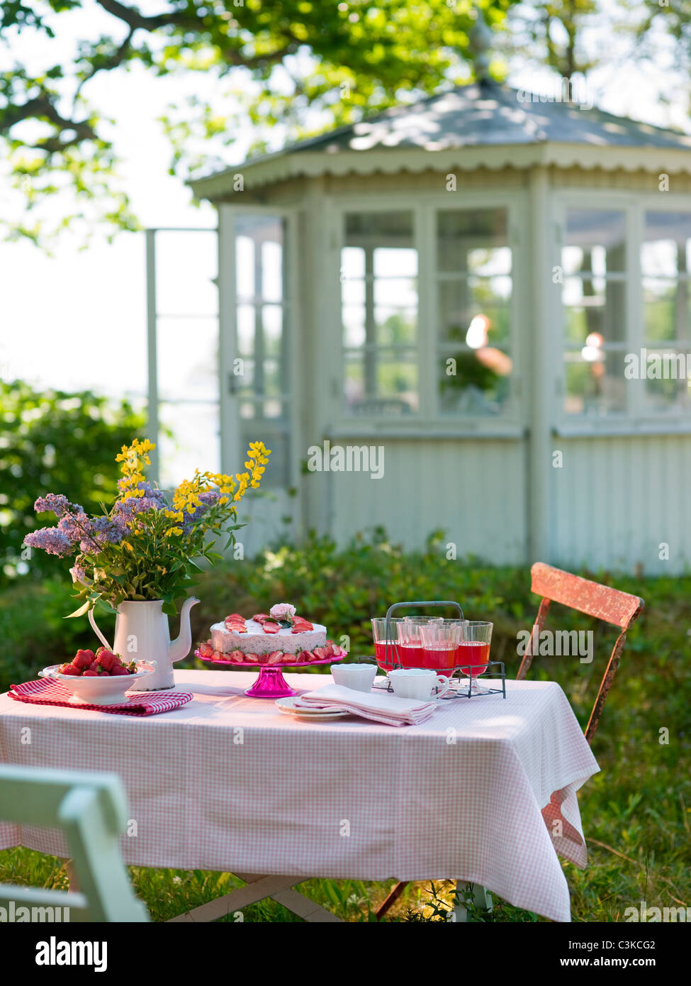 Impostazione posto sul tavolo in giardino Foto Stock