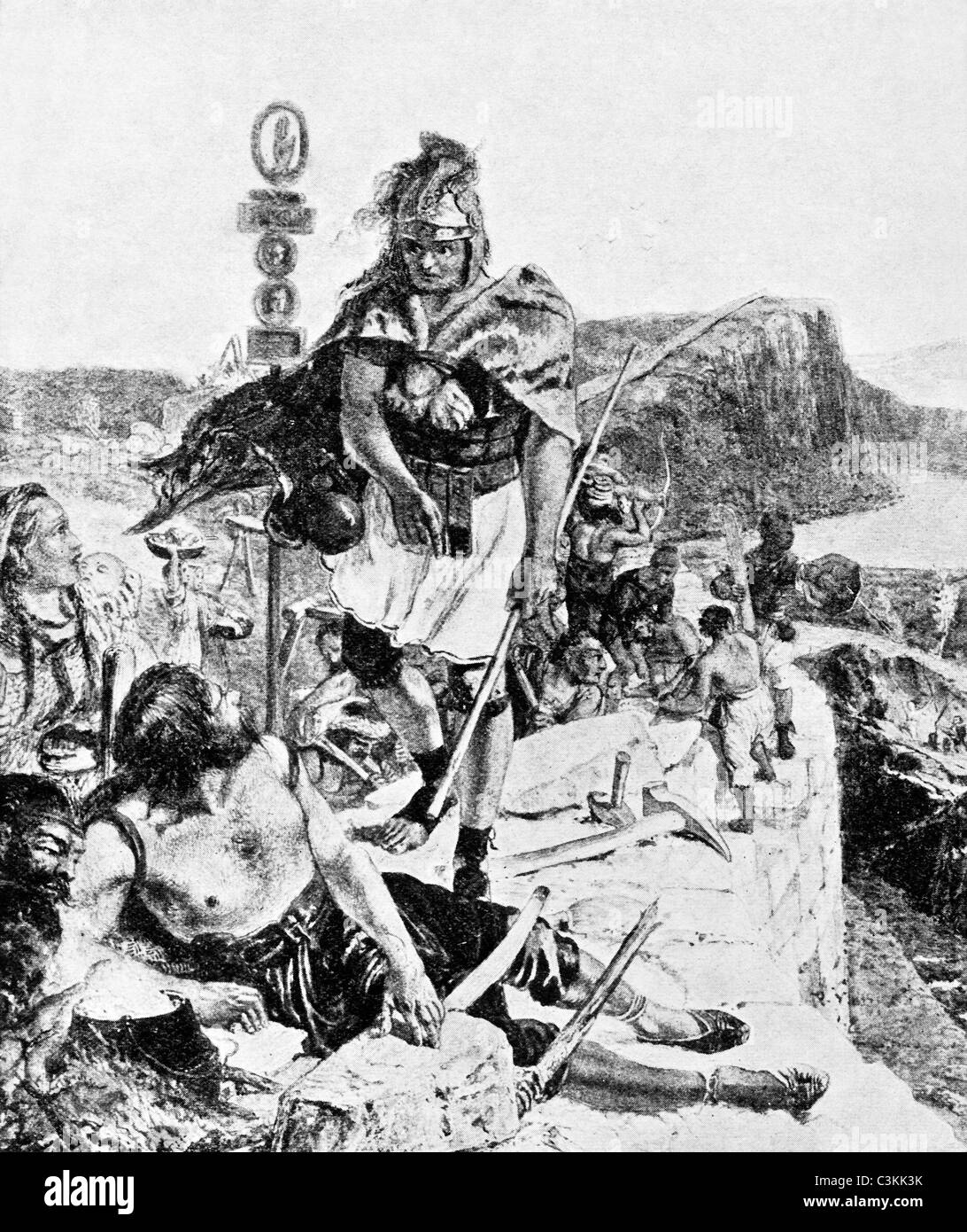 Illustrazione d'epoca che raffigura i Romani che costruiscono un muro per prevenire le incursioni dei Pitti e degli scozzesi nel nord della Gran Bretagna. Foto Stock