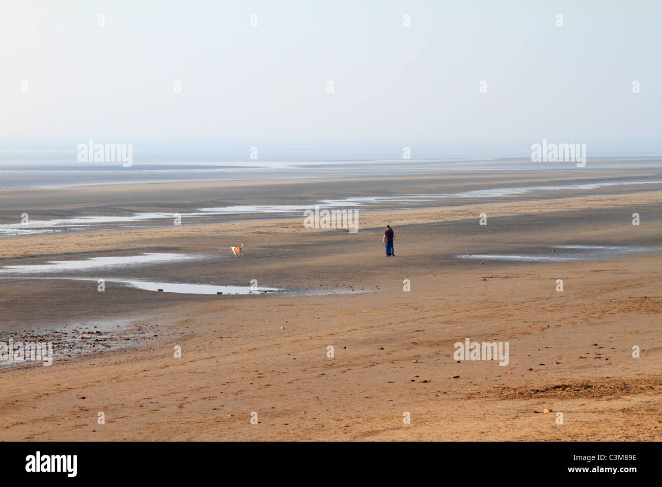 Un giovane a piedi il loro cane su un deserto Formby beach nel tardo pomeriggio, Formby punto, Southport, Merseyside, Lancashire, Inghilterra, Regno Unito. Foto Stock