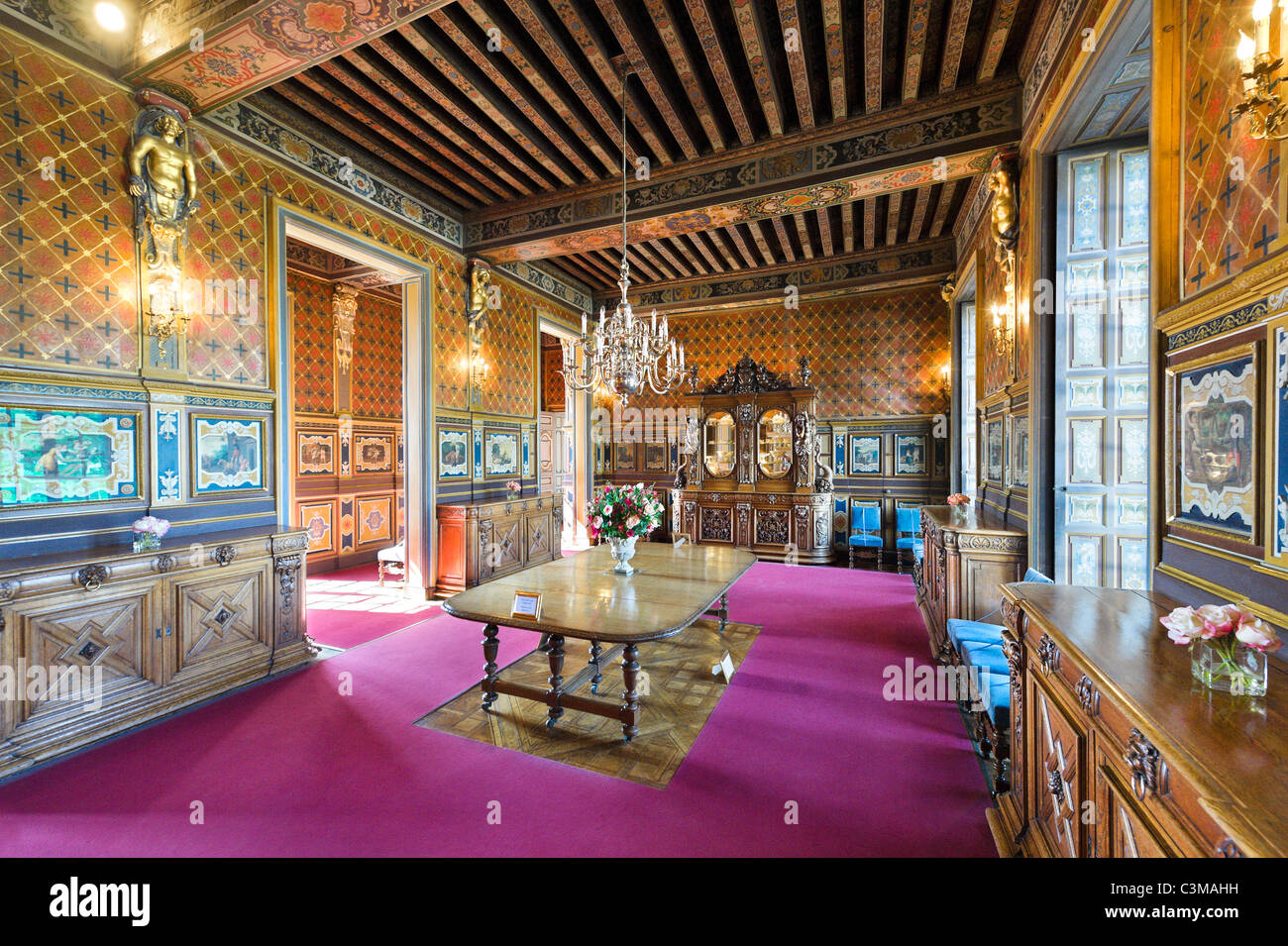 La sala da pranzo, Chateau de Cheverny, Valle della Loira, Touraine, Francia Foto Stock