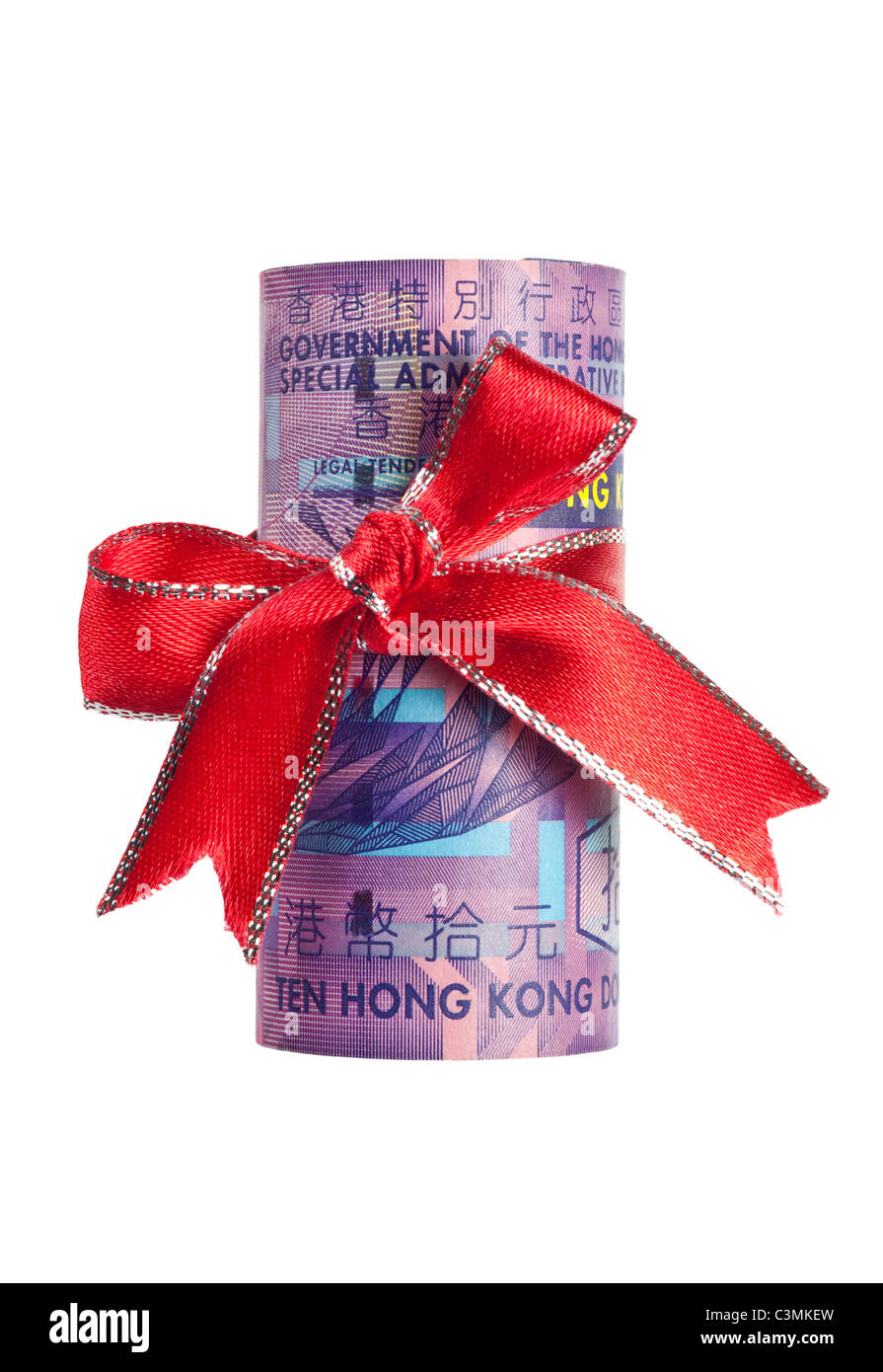 Dieci dollari di Hong Kong avvolto da nastro isolati su sfondo bianco Foto Stock