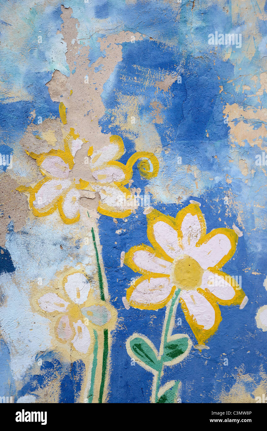 Vintage graffiti dipinti fiori sfondo grunge Foto Stock