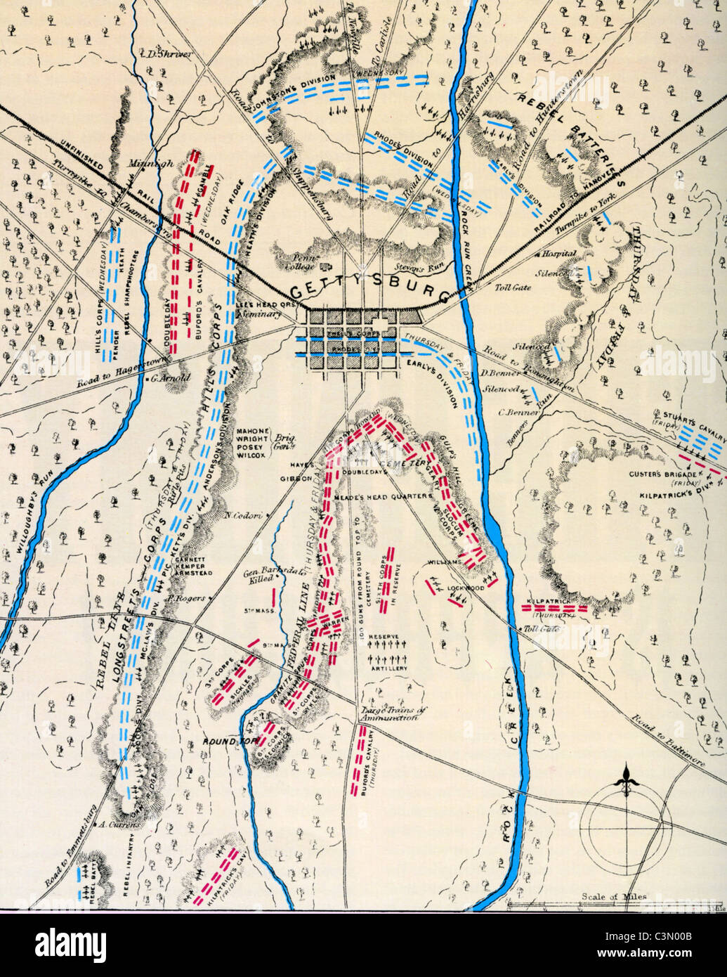 Battaglia di Gettysburg 1-3 luglio 1863. Mappa contemporaneo mostra forze dell'Unione in blu durante una prima fase della battaglia Foto Stock