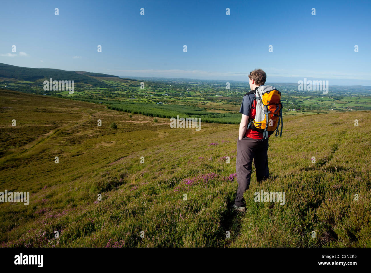 Walker guardando sopra le montagne Sperrin dai briganti il tavolo a piedi, County Tyrone, Irlanda del Nord. Foto Stock