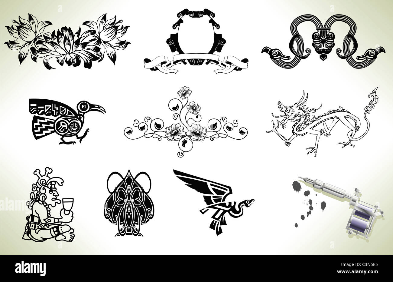 Serie di tattoo flash design elementi con tattooists a pistola o a macchina Foto Stock