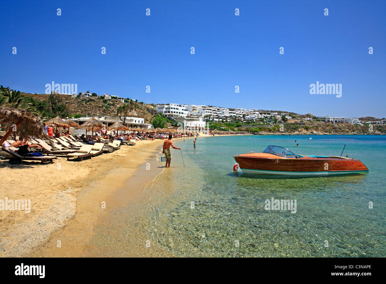Super Paradise Beach cicladi grecia isola di Mykonos Mar Egeo Grecia UE Unione europea EUROPA Foto Stock
