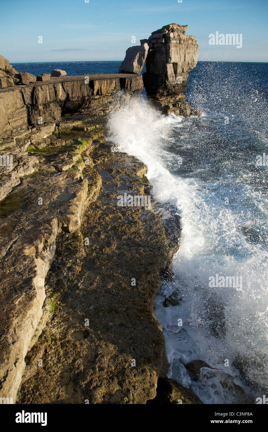 Pulpito di roccia in un mare tempestoso. questo massiccio calcareo pila sorge appena fuori da portland bill sulla isola di Portland. Jurassic Coast, Dorset, Inghilterra, Regno Unito. Foto Stock