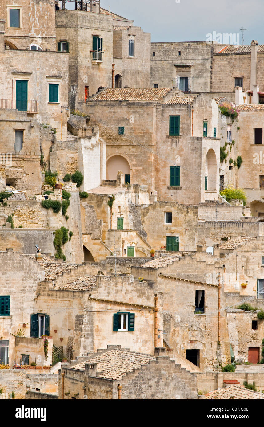 Close-up di Sassi di Matera, grotta preistorica case, Sasso Barisano Matera, Basilicata, Italia Meridionale Foto Stock