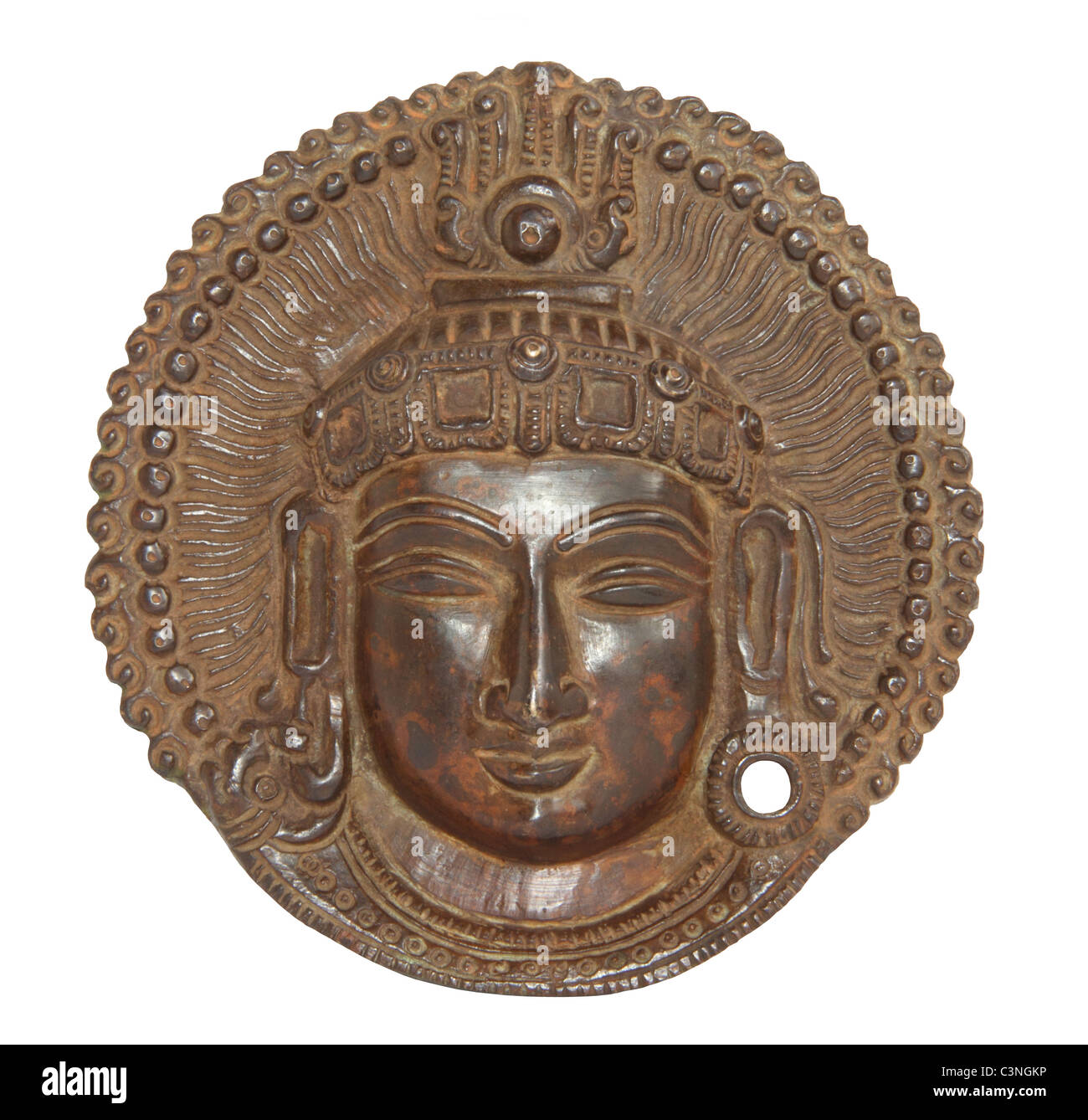 Il pannello di metallo con il Buddha di immagine su sfondo bianco Foto Stock