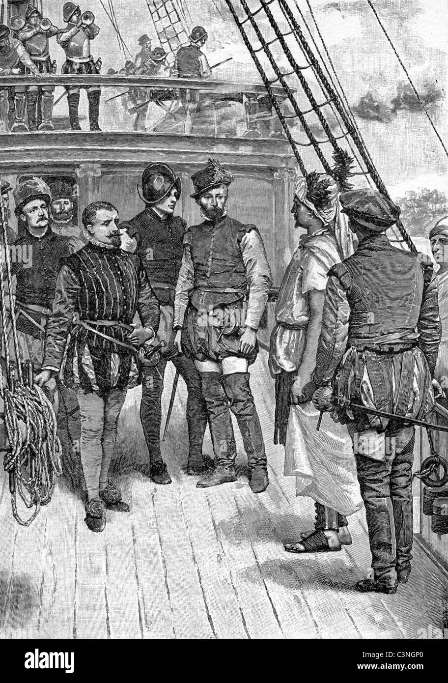 Vasco da Gama (sinistra senza casco) riceve un messaggero (in piedi rivolto verso di lui a destra) dal re di Calcutta, in India. Foto Stock